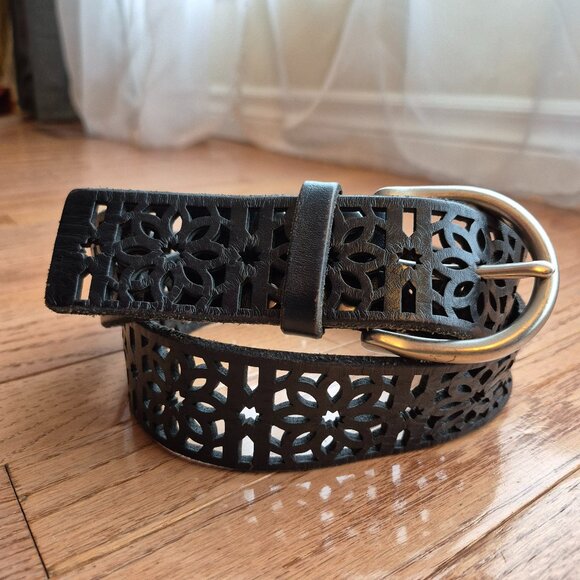 Lucky Brand Black Cutout Leather Belt Silver-Tone Buckle Medium - Picture 1 of 9